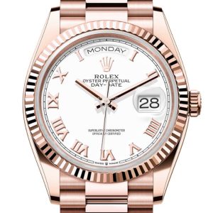 Rolex Day-Date 36 White Dial Fluted Bezel 18K Everose gold President Watch 128235