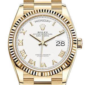 Rolex Day-Date 36 White Roman Dial 18K Yellow Gold Watch 128238 Dc