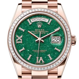 Rolex Day Date 36 Green Aventurine Roman Dial Diamond Bezel Rose Gold President Bracelet 128395Tbr
