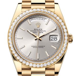 Rolex Day-Date 40 Silver Dial Diamond Bezel Yellow Gold President Men's Watch 228348RBR