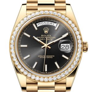Rolex Day-Date 40 Bright Black Dial Diamond Bezel Yellow Gold President Men's Watch 228348RBR