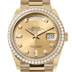 Rolex Day-Date 36 Champagne Diamond Dial Gold Bezel Watch 128348Rbr-0008 128348Rbr