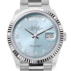 Rolex Day-Date 36 Ice Blue Roman Dial Fluted Bezel Platinum President Watch 128236 Dc