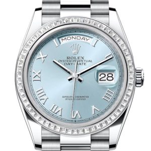 Rolex Day-Date 36 Ice Blue Roman Dial Diamond Bezel Platinum President Watch 128396Tbr