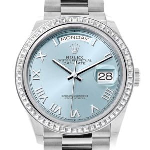 Rolex Day-Date 36 Ice Blue Roman Dial Diamond Bezel Platinum President Watch 128396Tbr