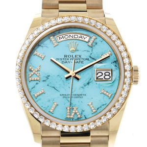 Rolex Day-Date 36 Turquoise Dial Gold Diamond Bezel Watch 128348Rbr-0037 128348Rbr