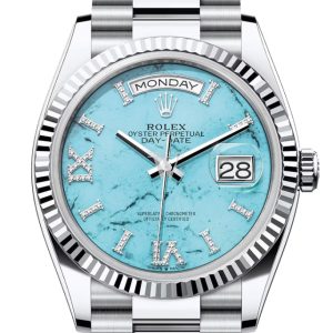 Rolex Day-Date 36 Turquoise Diamond Dial Fluted Bezel Platinum President Watch 128236