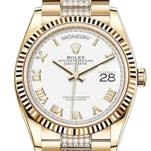 Rolex Day-Date 36 White Roman Dial 18K Yellow Gold Watch Diamond Set President Bracelet 128238 Dc