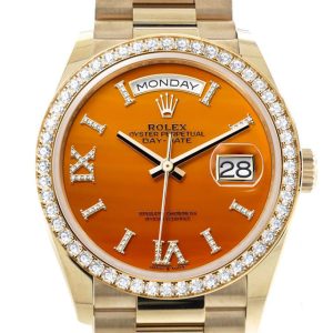 Rolex Day-Date 36 Carnelian Dial Gold Diamond Bezel Watch 128348Rbr-0049 128348Rbr