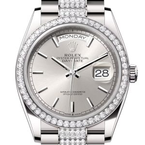 Rolex Day-Date 36 Silver Dial Diamond Bezel White Gold Diamond President Watch 128349RBR
