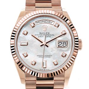 Rolex Day-Date 36 Mother-Of-Pearl Diamond Dial Fluted Bezel 18K Everose Gold President Watch 128235