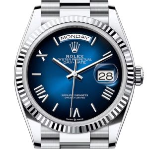 Rolex Day Date 36 Bright Blue Roman Dial Fluted Bezel Platinum President Bracelet 128236 Watch