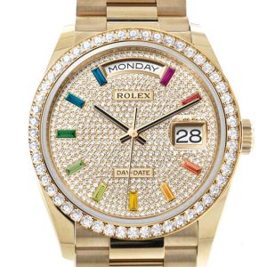 Rolex Day-Date 36 Paved Rainbow Sapphire Dial Gold Diamond Bezel Diamond President Watch 128348RBR-0030 128348RBR