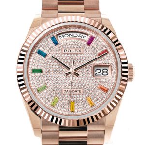 Rolex Day-Date 36 Diamond Paved Dial Fluted Bezel 18K Everose Gold President Watch 128235