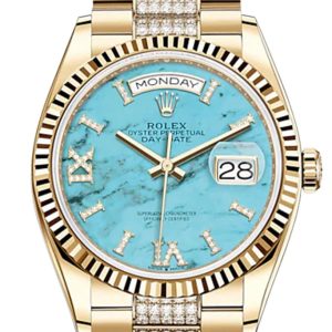 Rolex Day-Date 36 Turquoise Dial 18K Yellow Gold Watch Diamond Set President Bracelet 128238