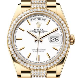 Rolex Day-Date 36 White Dial Gold Diamond Bezel Watch 128348RBR-0048 128348RBR