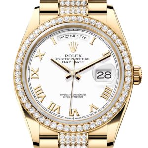 Rolex Day-Date 36 White Roman Dial Gold Diamond Bezel Watch 128348RBR-0043 128348RBR