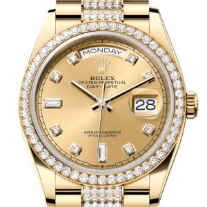 Rolex Day-Date 36 Champagne Diamond Dial Gold Diamond Bezel Watch 128348RBR-0010 128348RBR
