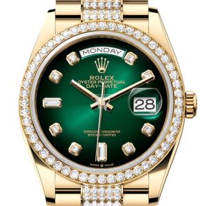 Rolex Day-Date 36 Green ombré Dial Gold Diamond Bezel Watch 128348RBR-0036 128348RBR
