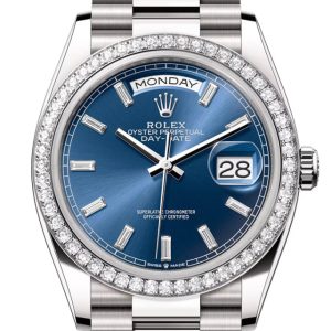 Rolex Day Date 40 Bright Blue Diamond Dial Bezel White Gold President Bracelet 128349Rbr Watch