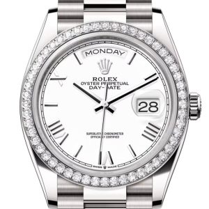 Rolex Day Date 40 White Roman Dial Diamond Bezel Gold President Bracelet 128349Rbr Watch
