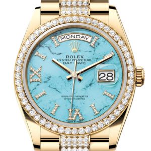 Rolex Day-Date 36 Dark Turquoise Diamond Dial Gold Diamond Bezel Watch 128348RBR-0038 128348RBR