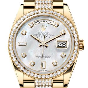 Rolex Day-Date 36 Dark Mother-of-Pearl Diamond Dial Gold Diamond Bezel Watch 128348RBR-0019 128348RBR