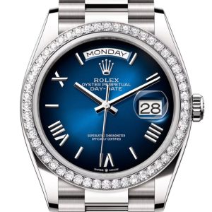 Rolex Day Date 40 Blue Ombre Roman Dial Diamond Bezel White Gold President Bracelet 128349RBR