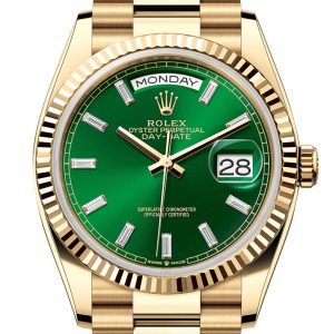 Rolex Day-Date 36 Bright Green Dial Gold Fluted Bezel Yellow Gold Watch 128238 128238-0114