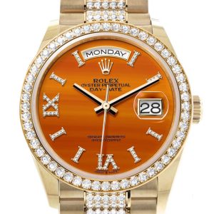 Rolex Day-Date 36 Carnelian Dial Gold Diamond Bezel Watch 128348RBR-0050 128348RBR