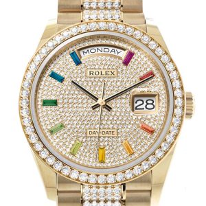 Rolex Day-Date 36 Pave Dial Gold Diamond Bezel Watch 128348RBR-0031 128348RBR
