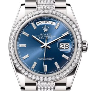 Rolex Day Date 40 Bright Blue Diamond Dial Bezel White Gold President Bracelet 128349Rbr Watch
