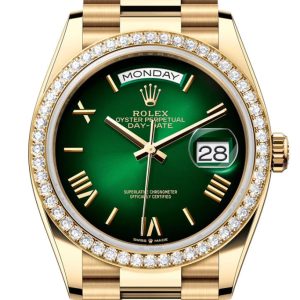 Rolex Day Date 40 Green Ombre Roman Dial Diamond Bezel Yellow Gold President Bracelet 128348Rbr