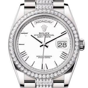 Rolex Day Date 40 White Roman Dial Diamond Bezel Gold President Bracelet 128349Rbr Watch