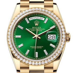 Rolex Day Date 40 Bright Green Diamond Set Dial Bezel Yellow Gold President Bracelet 128348Rbr Watch