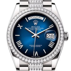 Rolex Day Date 40 Blue Ombre Roman Dial Diamond Bezel White Gold President Bracelet 128349Rbr Watch