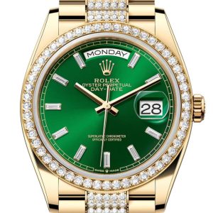 Rolex Day Date 40 Bright Green Diamond Set Dial Bezel Yellow Gold President Bracelet 128348Rbr Watch