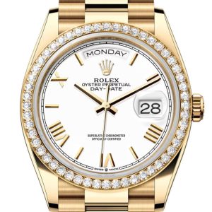 Rolex Day Date 40 White Roman Dial Diamond Bezel Yellow Gold President Bracelet 128348Rbr Watch