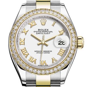 Rolex Datejust 28 White Roman Dial Diamond Bezel Yellow Gold Ladies Watch 279383Rbr 279383
