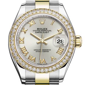 Rolex Datejust 28 Silver Roman Dial Diamond Bezel Yellow Gold Ladies Watch 279383Rbr 279383