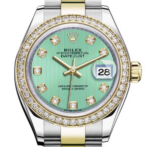 Rolex Datejust 28 Mint Green Set With Diamonds Dial Diamond Bezel Yellow Gold Ladies Watch