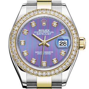 Rolex Datejust 28 Lavender Set With Diamonds Dial Diamond Bezel Yellow Gold Ladies Watch 279383Rbr