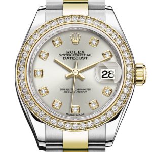 Rolex Datejust 28 Silver Set With Diamonds Dial Diamond Bezel Yellow Gold Ladies Watch 279383Rbr