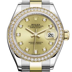 Rolex Datejust 28 Champagne Set With Diamonds Dial Diamond Bezel Yellow Gold Ladies Watch 279383Rbr