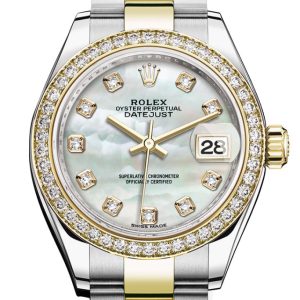 Rolex Datejust 28 White Mother-Of-Pearl Set With Diamonds Dial Diamond Bezel Yellow Gold Ladies