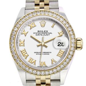 Rolex Datejust 28 White Roman Dial Diamond Bezel Yellow Gold Jubilee Ladies Watch 279383Rbr 279383