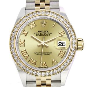 Rolex Datejust 28 Champagne Roman Dial Diamond Bezel Yellow Gold Jubilee Ladies Watch 279383Rbr