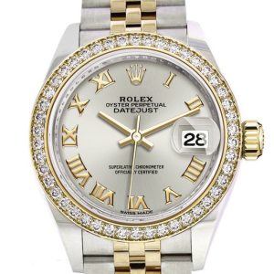 Rolex Datejust 28 Silver Roman Dial Diamond Bezel Yellow Gold Jubilee Ladies Watch 279383Rbr 279383