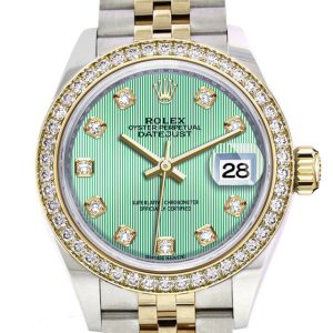 Rolex Datejust 28 Mint Green Set With Diamonds Dial Diamond Bezel Yellow Gold Jubilee Ladies Watch