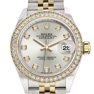 Rolex Datejust 28 Silver Set With Diamonds Dial Diamond Bezel Yellow Gold Jubilee Ladies Watch